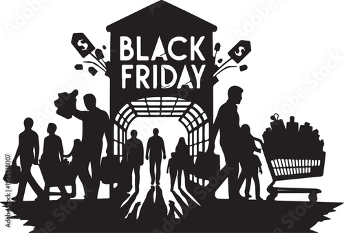 Silhouette of happy people jumping and celebrating with full shopping carts, grocery retail success, seasonal consumer sales, and positive community energy.