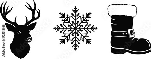 Christmas silhouette set with reindeer head, snowflake, and Santa boot isolated on white background for winter holiday and seasonal design