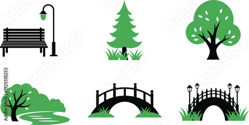 Flat vector park elements set including garden bench, street lamp, pine tree, deciduous trees, lake, and arched wooden bridge icons.