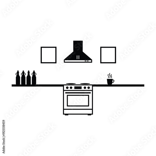 Modern kitchen illustration featuring stylish stove top with four burners and oven beneath sleek hood vent showcasing minimalist design for home decor inspiration