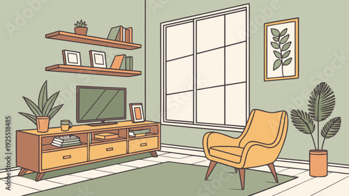 Scandinavian living room interior with wooden TV cabinet, green wall, and white armchair, natural light, minimalist decor, cozy atmosphere, modern 3D rendering.