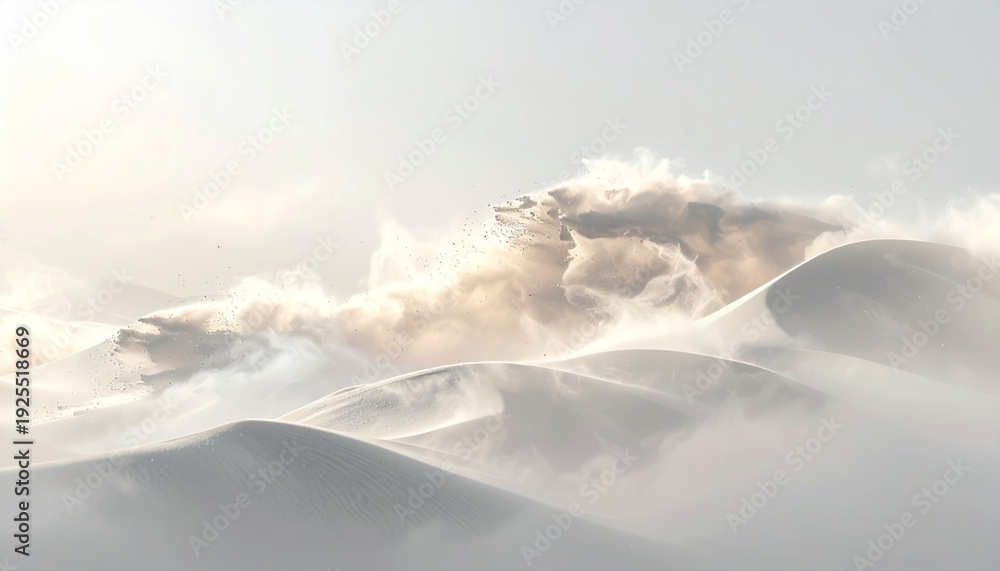 Naklejka premium Sandstorm Creating Abstract Patterns Over Large White Sand Dunes in Desert