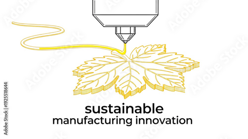Black line art of 3D printer nozzle creating yellow leaf form, sustainable manufacturing innovation concept