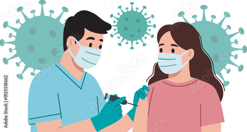 Doctor administering vaccine injection, healthcare immunization protection against virus pandemic medical safety concept illustration