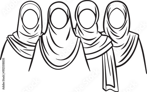 Four muslim women wearing hijab line art drawing
