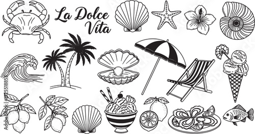 La Dolce Vita beach icons with fruits seashells and tropical symbols