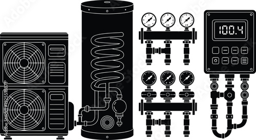 Detailed schematic vector illustration of modern heat pump system with outdoor unit, hot water tank, gauges, and digital control panel.