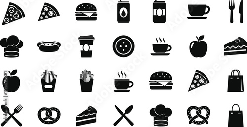 Large collection of black food and drink icons featuring pizza, burgers, coffee, snacks, and kitchen tools isolated on white background