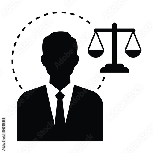 Professional individual in formal attire symbolizing justice and fairness with classic scales illustration beside silhouette