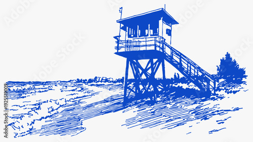 Lifeguard tower beach dunes coastal watch hut scene. Raised wooden cabin with stairs overlooking sea and shoreline. Hand drawn blue vintage sketch for summer travel design.