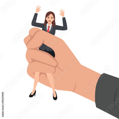 Terrified Businesswoman Intimidated by Giant Hand. Flat vector illustration isolated on white background