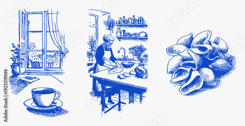 Cozy window coffee home baking pasta shells. Hand drawn mediterranean kitchen life with italian cooking, dough preparation and rustic food details. Vintage blue culinary illustration set.
