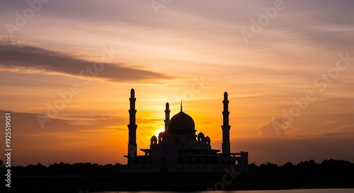 Mosque Silhouette Over Water at Sunset islam architecture