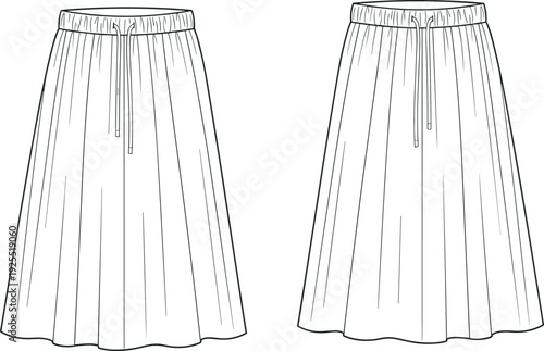 Elastic waistband A line maxi skirt technical fashion illustration, front and back view flat sketch for women apparel design