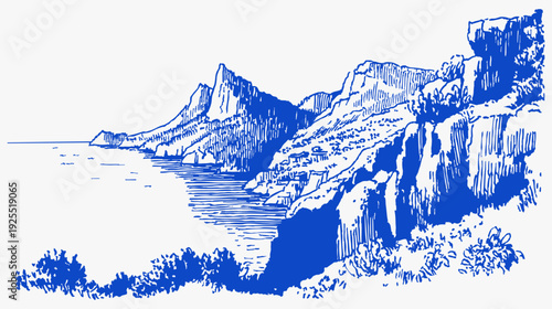 Coastal panorama mountains crayon vintage sketch drawing line. Blue ink illustration of high cliffs, path and sea reflections. Rustic mediterranean scenery for travel posters.
