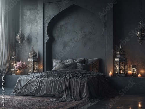 A bed with a black comforter and pillows