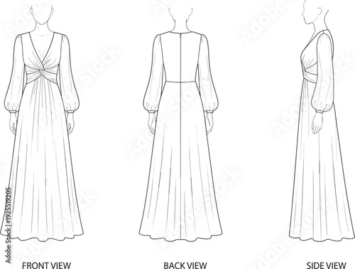 Elegant long sleeve maxi dress technical fashion illustration, front back side view template design for women apparel production