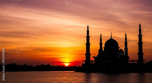 Mosque Silhouette with Colorful Sunset Sky and Water Reflection
