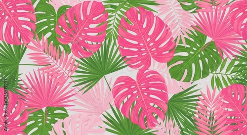 Vibrant tropical foliage pattern with large pink and green monstera and palm leaves for a bold, summery, exotic background.