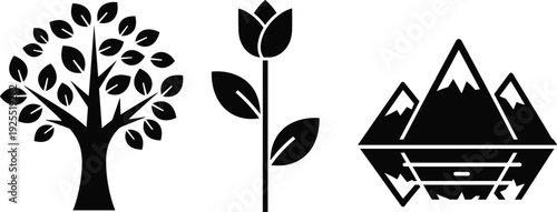 Minimalist black silhouette set featuring a leafy deciduous tree, a single tulip flower, and snow capped mountains reflected in water.