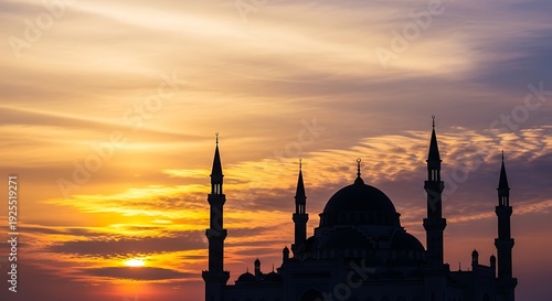 Mosque Silhouette With Fiery Sunset Sky and Clouds