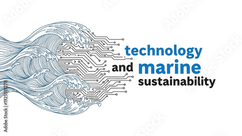Black line art of ocean waves merging into black circuit board patterns, technology and marine sustainability concept