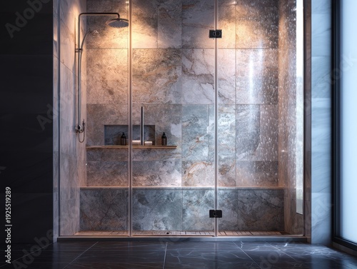 A shower stall with a bench and a shower head