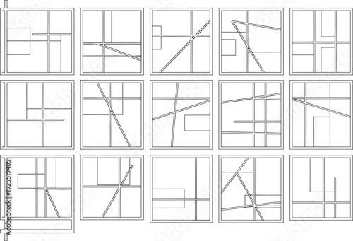 Abstract geometric square panels with intersecting line compositions