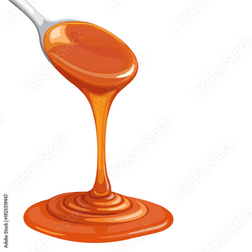 Caramel Sauce Dripping from Spoon Isolated on White Background