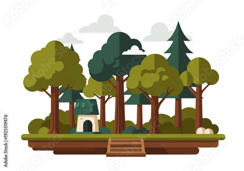 Illustration of a serene landscape with a house and trees on a background video setting.