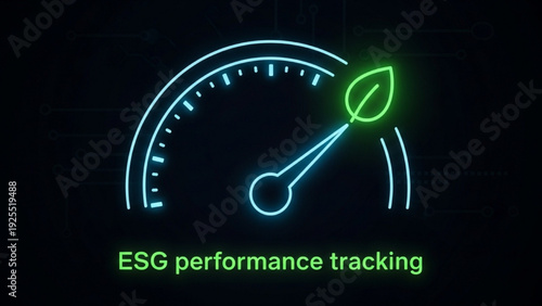 Black line art of digital dashboard gauge pointing toward leaf icon, ESG performance tracking concept