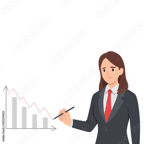 Sad Businesswoman Showing Declining Financial Chart. Flat vector illustration isolated on white background
