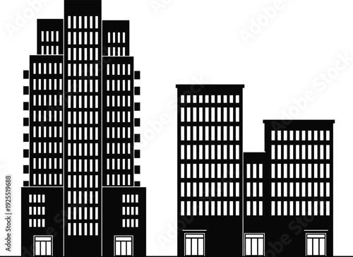 Set of black building silhouettes and modern skyscraper icons isolated on white background for city skyline architectural and real estate design