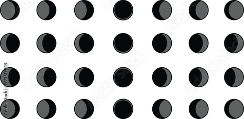 Moon phase set with shaded crescent and full circle