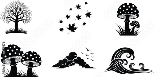 Nature silhouette set including winter tree, falling maple leaves, agaric mushrooms, thick clouds with birds, and ocean waves vector icons,