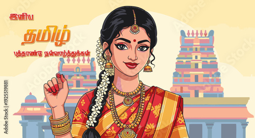 Happy Tamil New Year Illustration of Traditional South Indian Woman in Saree with Temple Background