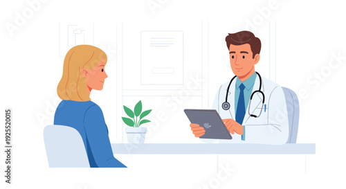 A male doctor uses a tablet while consulting with a blonde female patient at a desk in a bright office on a white background.