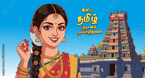Happy Tamil New Year Illustration of Traditional South Indian Woman in Saree with Temple Background