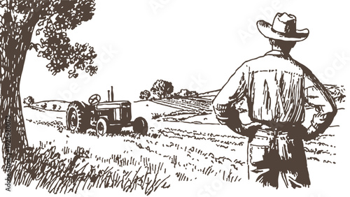 Farmer watching tractor working agricultural countryside landscape scene. Male figure observes machinery and open farmland. Illustration in organic hand drawn sketch style. Background for banners.