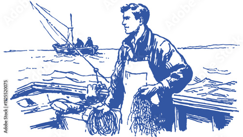 Young fisherman holding nets working ocean scene. Man on boat with fishing gear. Banner for maritime advertising layout. Traditional pencil sketch illustration style.