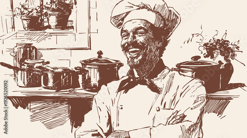 Professional chef portrait in restaurant kitchen interior. Smiling cook with pots and utensils, banner for culinary branding, menu design. Hand drawn sketch drawing style.