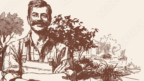 Confident male gardener standing among potted plants. Mustached seller in apron near greenery, banner for garden center promotion. Charcoal hand drawn sketch illustration style.
