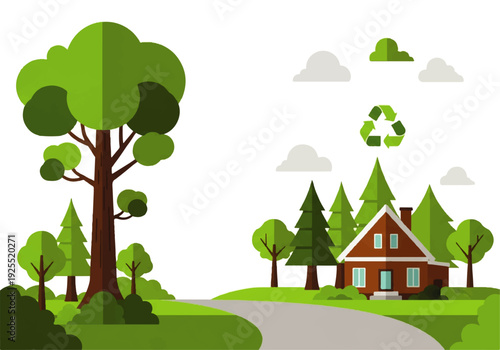 A serene suburban landscape with a house, trees, and a winding road, featuring a recycling symbol in the background with a stylized, cartoonish illustration style and a calming green and