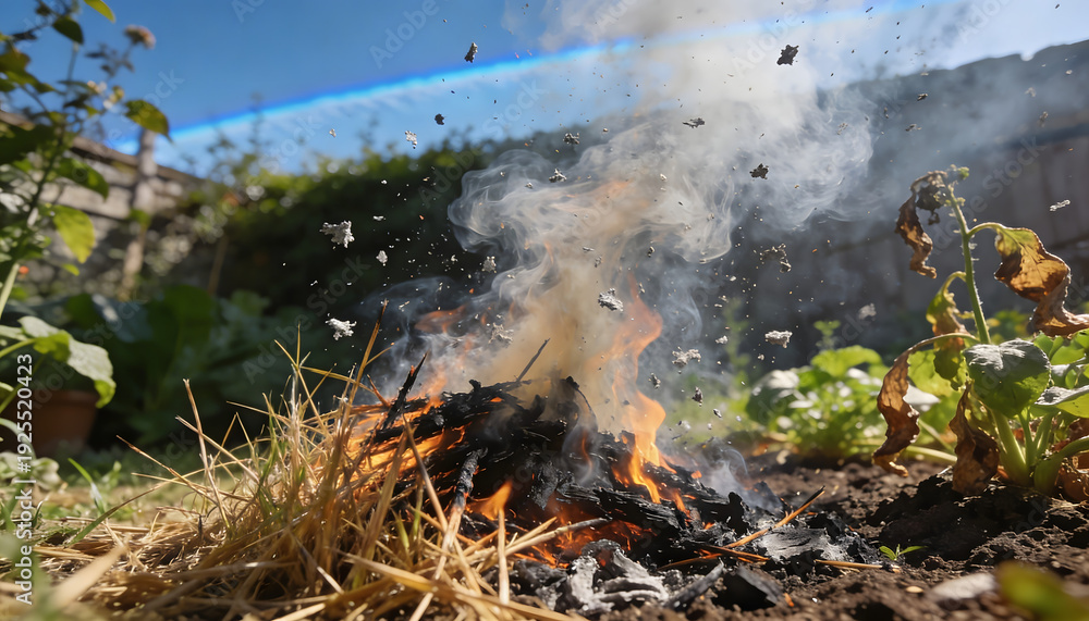 Obraz premium Ground-level shot of garden debris burning with flames, smoke, and flying embers under a clear blue sky, evoking a sense of powerful energy outdoors