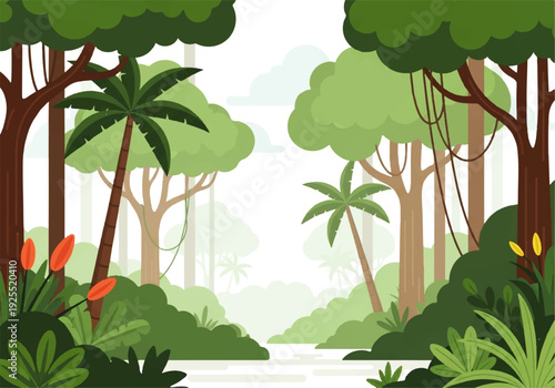 A vibrant cartoon illustration of a lush tropical jungle with dense foliage, tall trees, and colorful flowers against a bright white background for a background video.
