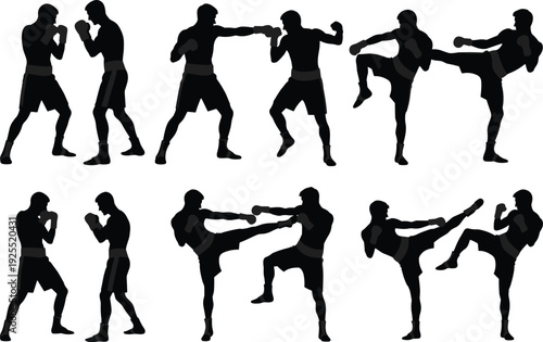 Black silhouette vector illustration of martial arts fighters practicing kickboxing techniques, punches, defensive stances, and combat movements in training.