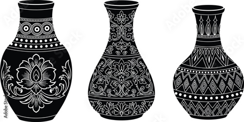 Set of black ceramic vase silhouettes with white floral patterns and geometric ornaments isolated on white background for interior design elements