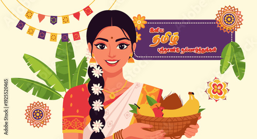 Happy Tamil New Year Illustration of Traditional South Indian Woman in Saree with Temple Background