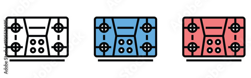 Three modern electrical circuit breaker panels with switches in blue, white, and red industrial design flat icons