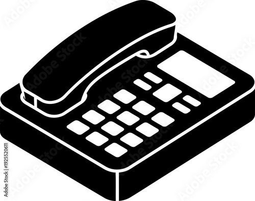 Black office desk landline telephone with receiver in isometric projection. Communication hotline support service icon. Vector illustration for website, application